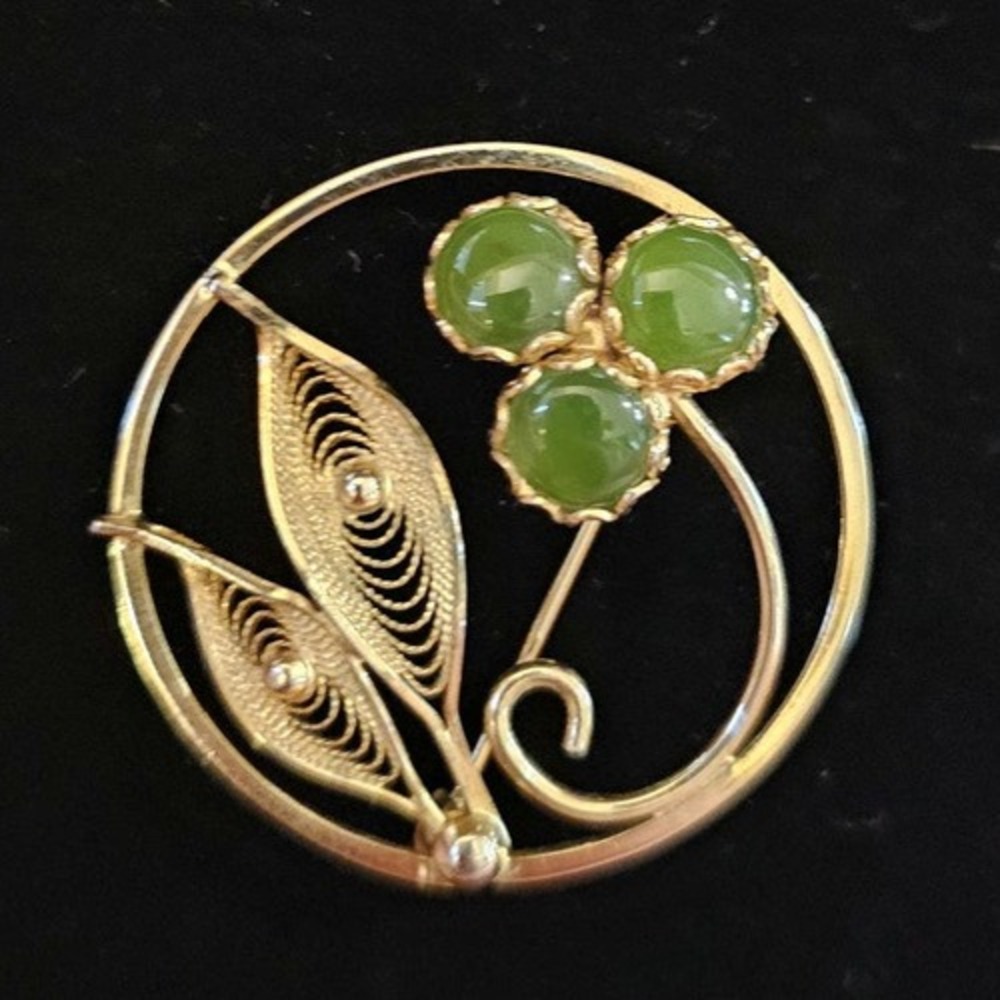Vintage Sorrento 1/20 12k Gold Filled Jade Flower Brooch Pin Wreath Green GF